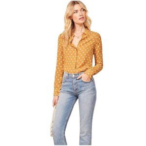 Reformation Violet Button Front Polka Dot Mustard White Blouse Collared XS